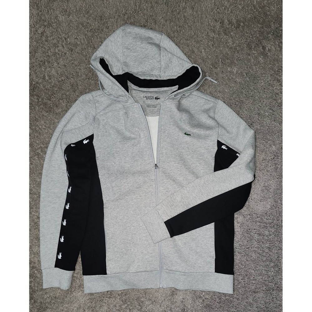 Lacoste Sport Mens Grey Black Logo Tape Full Zip Hoodie Sweatshirt Size L FR 5